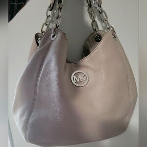Michael Kors neutral gray  3 compartment hobo style handbag.